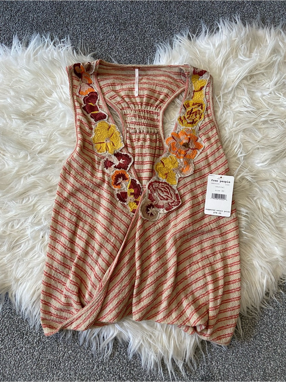 Free People Striped Embroidered Floral Tank